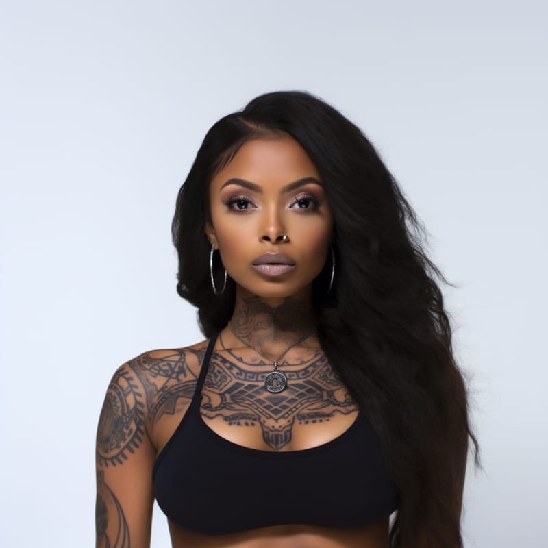 Portrait of a young african american woman with a black tank top, nose piercing, and tattoos